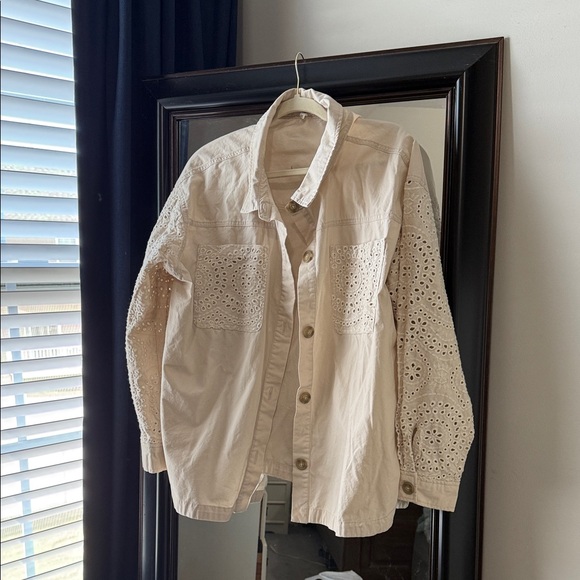 Women's Cream Button Down Shirt with Eyelet Sleeves - Picture 1 of 6